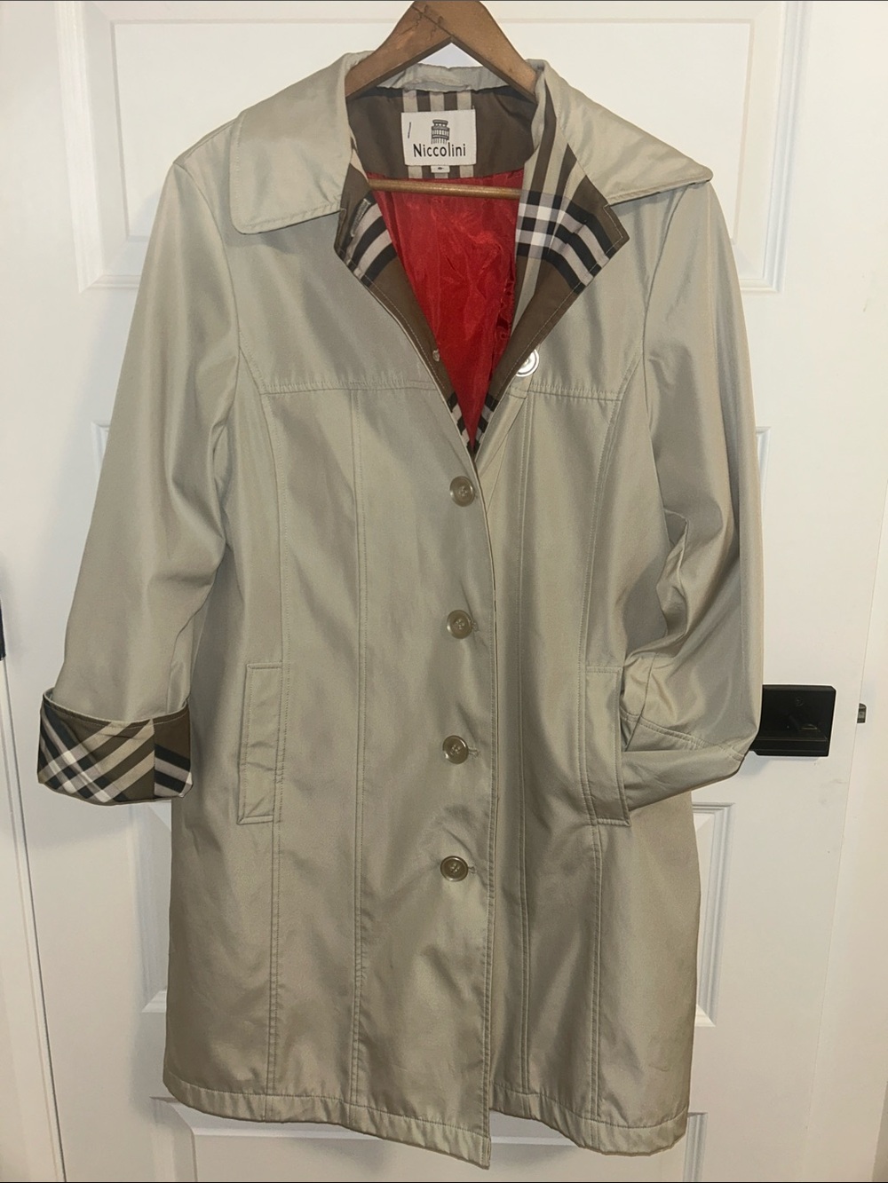 Cream Trench Coat with Plaid Contrast